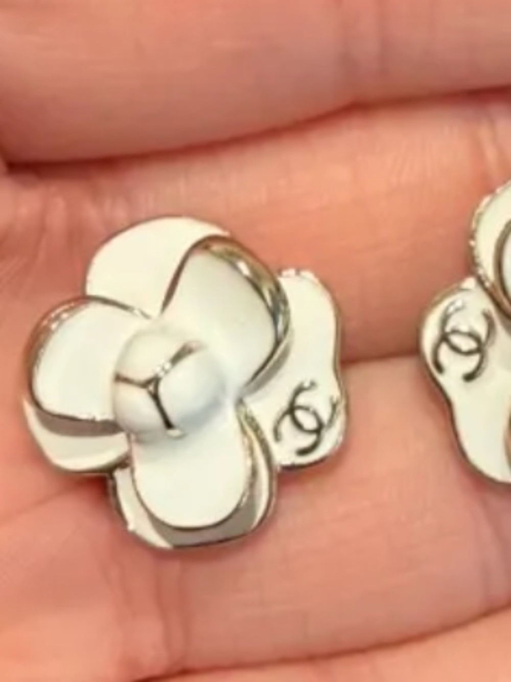 White and gold tone Chanel camelia flower stud earrings